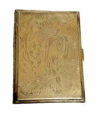 Grand Poudrier Vintage en Laiton Massif Doré Gravé de Fleurs Stylisées