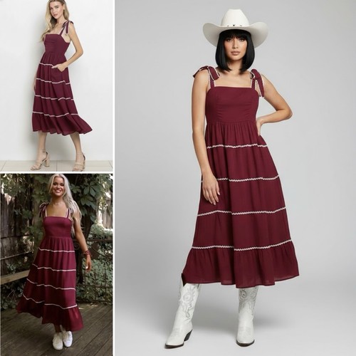 Burgundy boho tiered ric rac - tiered,