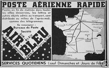 PUBLICITÉ 1936 AIR BLEU POSTE AÉRIENNE RAPIDE SERVICES QUOTIDIENS SAUF DIMANCHE 