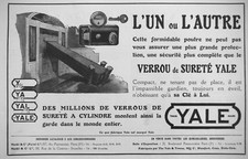 PUBLICITÉ DE PRESSE 1922 YALE VERROU DE SURETÉ A CYLINDRE - ADVERTISING
