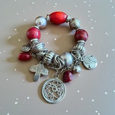 Bracelet Vintage Années 80 Argenté Breloques Perles Rouges Bohème
