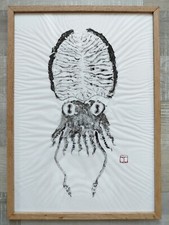 Estampe originale d'une seiche, Gyotaku original de seiche encadré et signée
