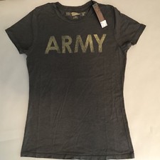 Distant Replays Women's ARMY T-Shirt Gray Style DR1727 Large Yellow Logo Soft