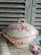 ANCIENNE SOUPIERE TERRE DE FER OISEAUX MODELE FAVORI VIEUX ROSE