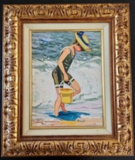 Martin Lindenau Huile sur toile Enfant jouant sur la plage tableau peinture