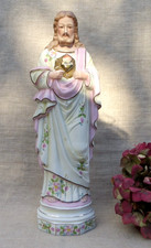 STATUETTE DU SACRÉ COEUR DE JÉSUS EN BISCUIT POLYCHROME - 33,5 cm