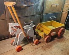 Jouet Bois À Tirer Ancien Chevaux Et Charette L 57