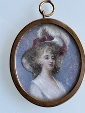 Peinture Miniature - Portrait Jeune Femme au Chapeau -Médaillon