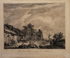 Gravure 18e Vue d'un hameau près de Vernon Adrian Zingg