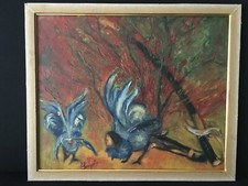 TABLEAU HUILE SUR TOILE REPRÉSENTANT COMBAT DE COQS SIGNÉE SENGELIN
