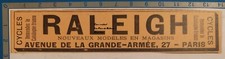 RALEIGH cycles vélos PARIS  publicité 1897 advert 