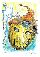 Halloween chat aquarelle originale de Michel Rigel côté Art Price Benezit Akoun