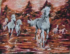 White Horses at Sunset Completed Needlepoint Vintage