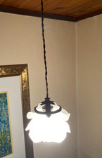 Lampe suspension tulipe verre fleur rose laiton ancienne 1900