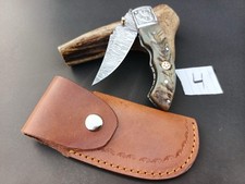 couteau de poche pliant  Lame Acier Damas Manche En  Corne De Bélier 4