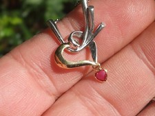 BEAU COLLIER avec COEUR en ARGENT Rhodié 925 + OR 18K 750 et RUBIS