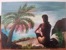 L. ADNESSE  - Femme nue assise au bord de la mer avec palmier - Huile sur toile