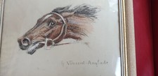 Ancien dessin rehaussé , tête de cheval signé de Henri Vincent-Anglade