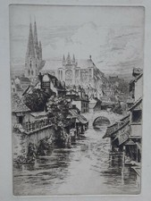 CHARTRES Vue sur Eure GRAVURE Eau Forte CHARLES PINET Eure et Loir XX°