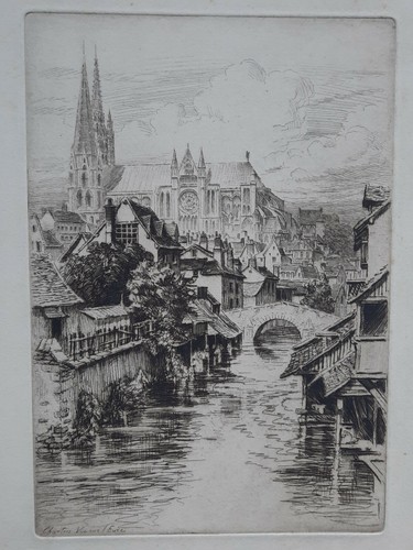 Chartres vue sur eure gravure - chartres,