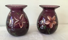 Paire d’Anciens VASES  VERRE Décors Florales Peint Main Col Dentelé,occasion,P