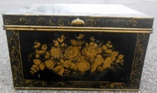 RARE Large Antique 19th c Painted TOLE Metal Trunk Chest Roses Florals