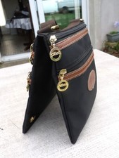 Sac besace pliant  LONGCHAMP Toile noire et Cuir Marron Multi poches Etat neuf