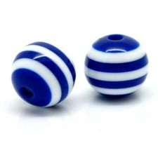 10 Perles Rayé en resine 10mm Bleu Marine et Blanc