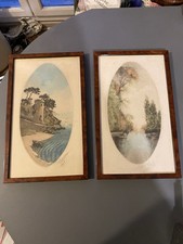 Ancienne paire gravure eau forte signée Thys paysage ruines bateau rivière arbre