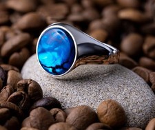 Chevalière en Argent Massif 925 Sertie bleu coquille d'ormeau