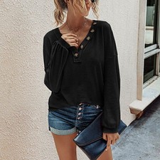 Femmes Mode Solide Couleur Casual col V Chemise à manches longues Pull Maille