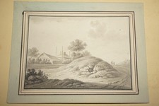 Ecole FRANCAISE XVIII DESSIN LAVIS ENCRE PAYSAGE ANIME CHAMPETRE CHEMIN 1800