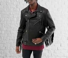 Look Audacieux: Veste En Cuir Noir Avec Col Pour Hommes À Motif Frangé Tendance