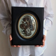 Ancien Grand Cadre Reliquaire Cheveux Verre Bombé XIXéme Deuil