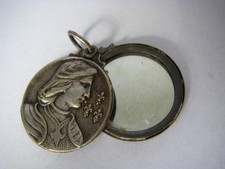 art déco pendentif miroir argenté profil JEANNE d'ARC patriotique fleur de lys