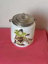 Legras ? pot à biscuit ancien Opaline Blanche Décor Arlequin Au Banjo  Art Deco