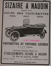 PUBLICITE ANCIENNE AUTOMOBILE SIZAIRE & NAUDIN COUPE VOITURETTE DE 1912 AD CAR