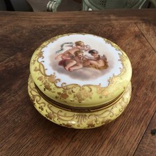 Antique French Sevres Porcelain Brass Hinged Jewelry / Dresser box with Angels