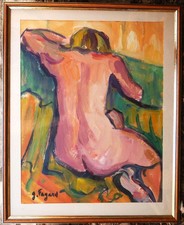 tableau  de Gérard Fagard (1938-2021): nu féminin de dos sur fond vert