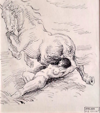 Ancien DESSIN Original Encre  "scène mythologique"  Cachet "Atelier P. E. COLIN"