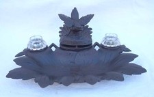 French Black Forest Inkwell Pen Holder Carved Wood Bird 1900