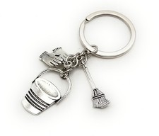 Seau De Nettoyage Balai Gants Porte-Clés Pendentif En Métal Argenté
