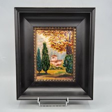 Cadre en émaux sur cuivre de Limoges Paysage de clocher signé G. Papault XXème