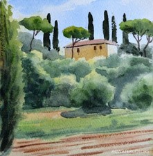 Aquarelle Originale, Paysage toscan, Italie, Artiste côté Akoun