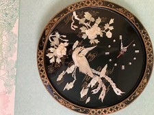 horloge murale  style asiatique bois noir laqué  décor oiseaux en nacre 40 cm