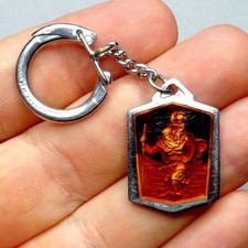 Saint Christopher and Jesus. Antique Religious Key Ring. Enamel Medal. Pendant.