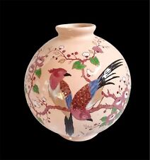 vase boule en émaux de Longwy ancien Rose Décor Floral Et Oiseaux - Numéroté 