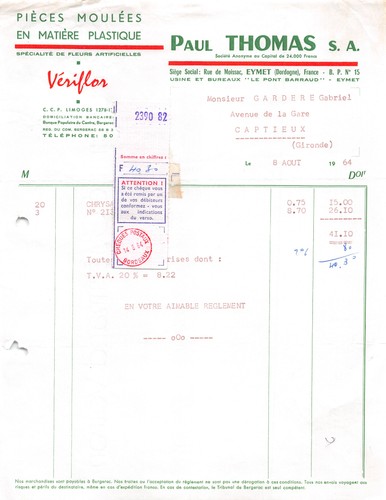 Facture 1964 pieces moulees - ,
