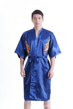 Peignoir Brodé de Dragon Homme Ceinturé en Satin Bleu Tailles au choix