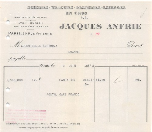 Facture 1922 soieries - 1922,